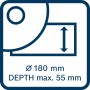 Symbol für Bosch Polierer GPO 11-180 S: Ø 180 mm, Tiefe max. 55 mm.