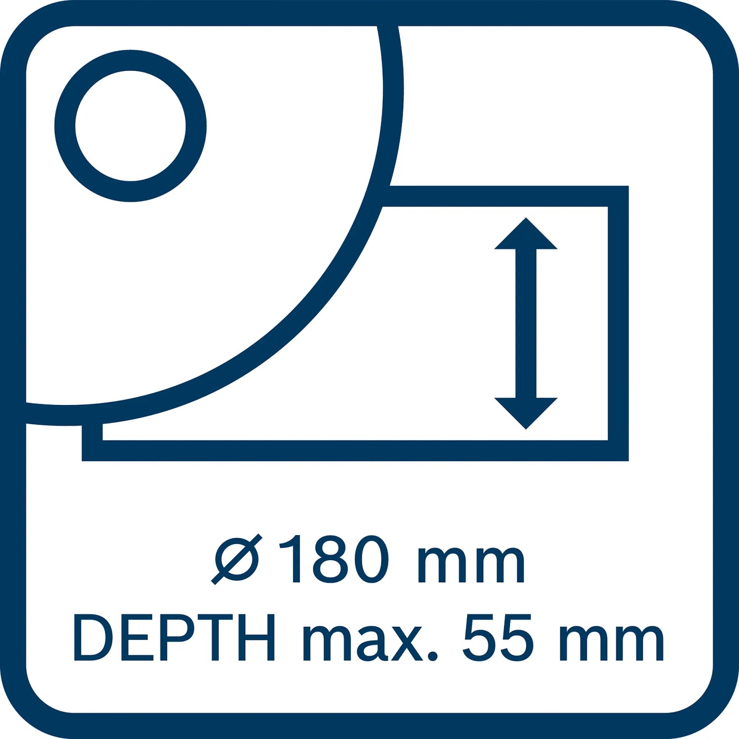 Symbol für Bosch Polierer GPO 11-180 S: Ø 180 mm, Tiefe max. 55 mm.