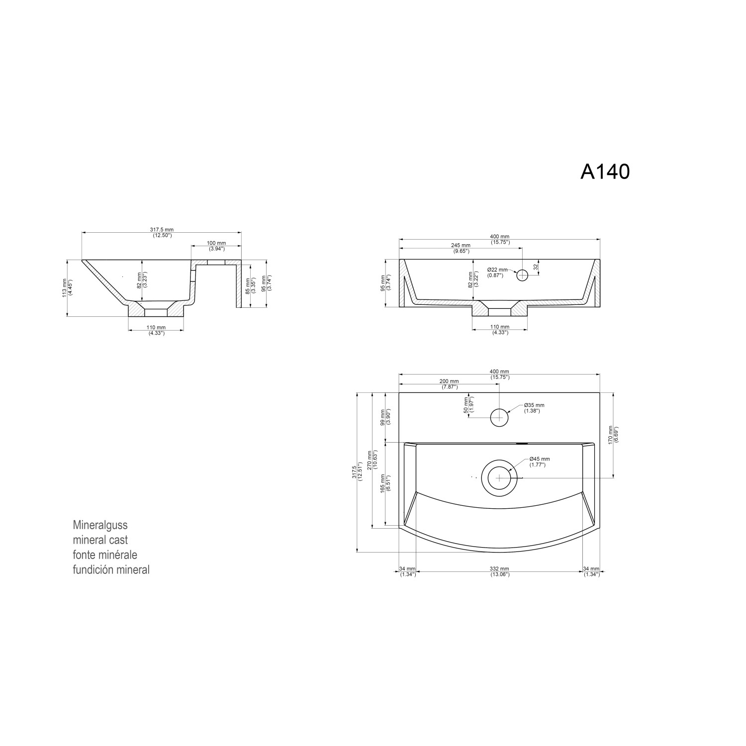 Technische Zeichnung: Posseik Cubi Slimline Waschtisch 40cm, Badmöbel für Gäste-WC, Maße und Details.