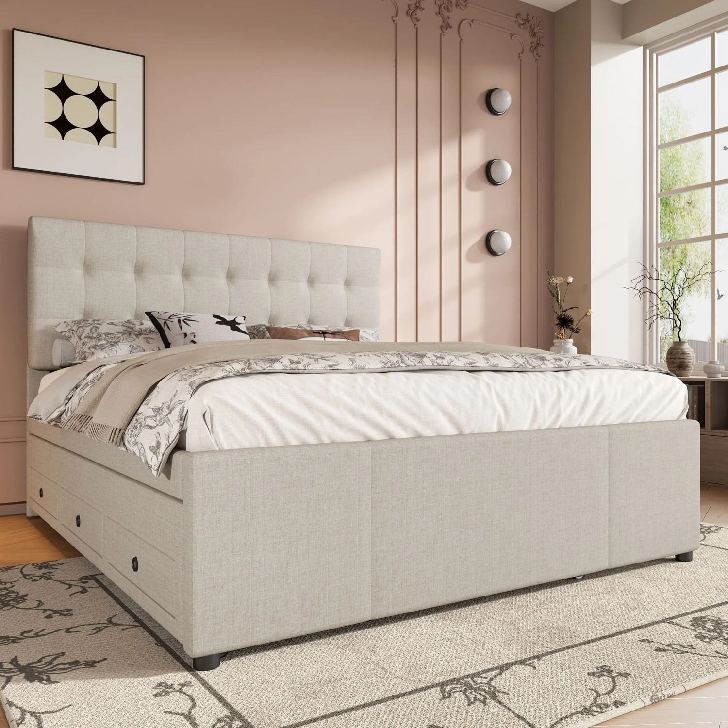 okwish Polsterbett 140x200cm mit Schubladen Schlafzimmer Beige ohne Matratze_6
