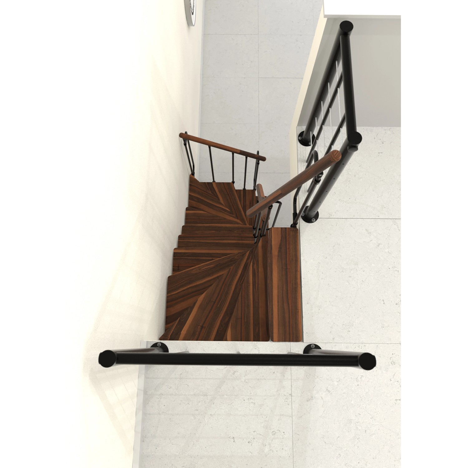 Minka Raumspartreppe Joker Turn 180° Walnuss/Schwarz, halbgewendelte Innentreppe mit Holzstufen und Geländer.
