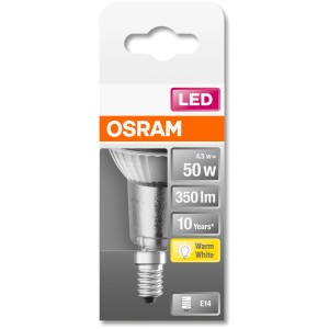 Osram LED-Leuchtmittel E14, 4,5W, warmweiß, 350lm. Kompakte LED Lampe für E14 Fassung.