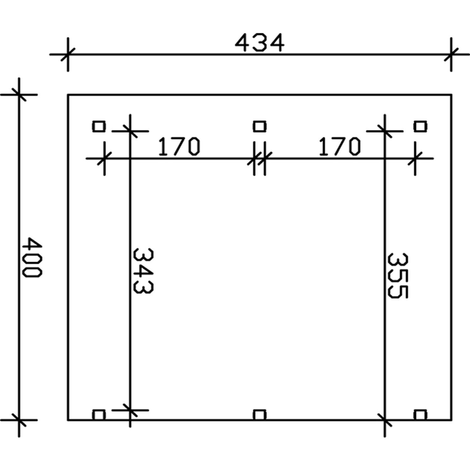 Technische Zeichnung der Skan Holz Terrassenüberdachung Siena, 434x400 cm, mit Maßangaben.