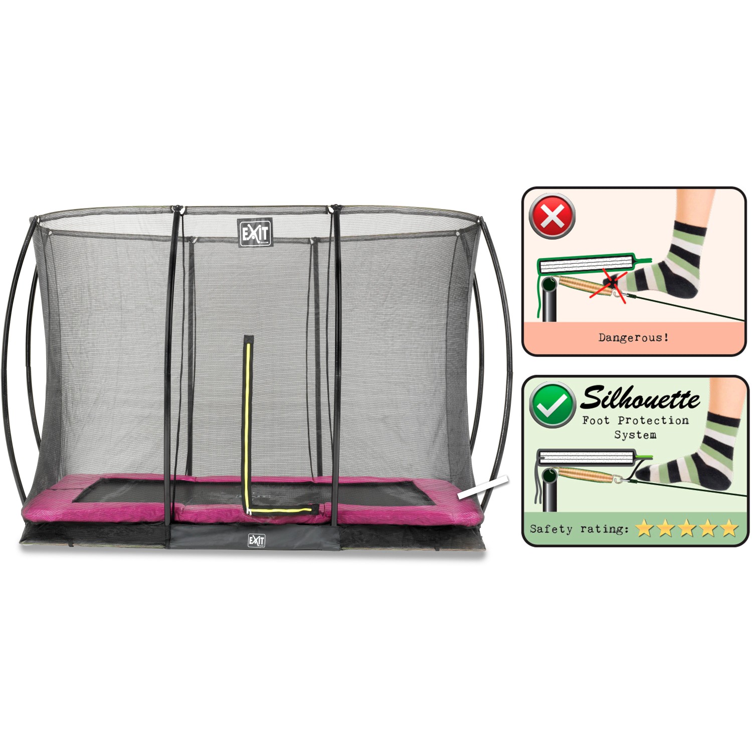 Rechteckiges EXIT Silhouette Bodentrampolin 244x366 cm in Rosa mit Sicherheitsnetz und Fußschutzsystem.