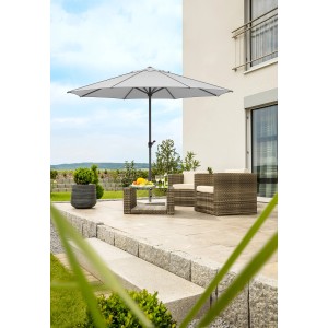 Schneider Marktschirm, Ø 350 cm, silbergrau, mit Kurbel, auf Terrasse mit Gartenmöbeln.