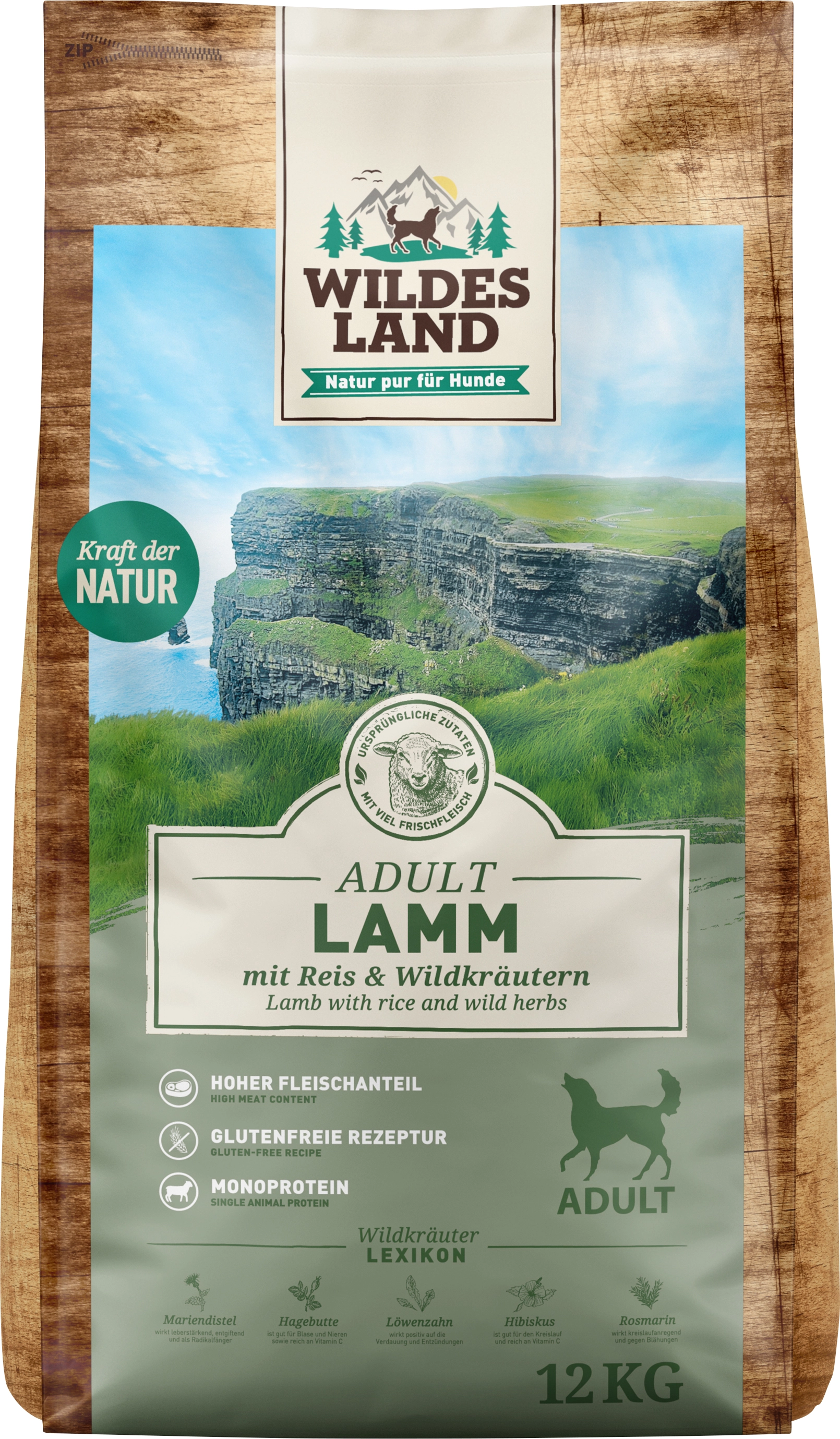 Wildes Land Hunde-Trockenfutter Lamm mit Reis und Wildkräutern 12 kg ...