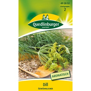 Abbildung von Quedlinburger Dill ''Gewöhnlicher'' Samen, frischem Dill und Dillblüten.