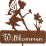 Gartenstecker Fee Willkommen, Metall, 130cm hoch. Dekorative Gartendeko mit Fee und Schriftzug.