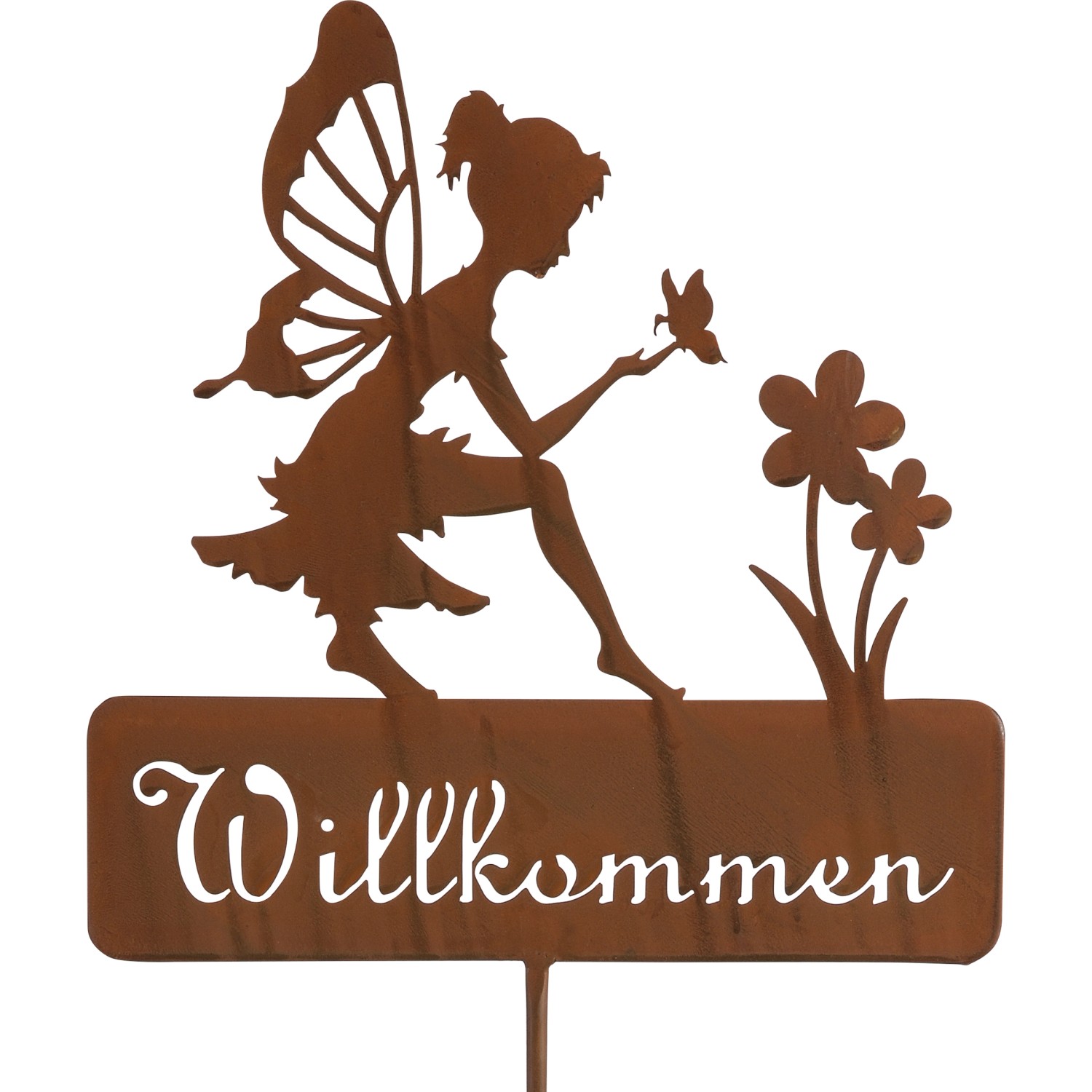 Gartenstecker Fee Willkommen, Metall, 130cm hoch. Dekorative Gartendeko mit Fee und Schriftzug.