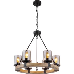 Schwarze, 6-flammige Globo Pendelleuchte mit Rauchglas-Schirmen und Holzring, 590x980 mm.