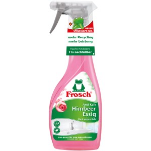 Frosch Himbeer-Essig Anti-Kalk Reiniger in pinker Sprühflasche, ideal für Bad und Küche.