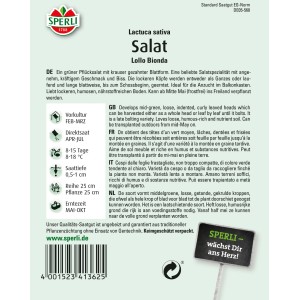 Sperli Pflücksalat Lollo Bionda Samenpackung mit grünem, krausem Salat.