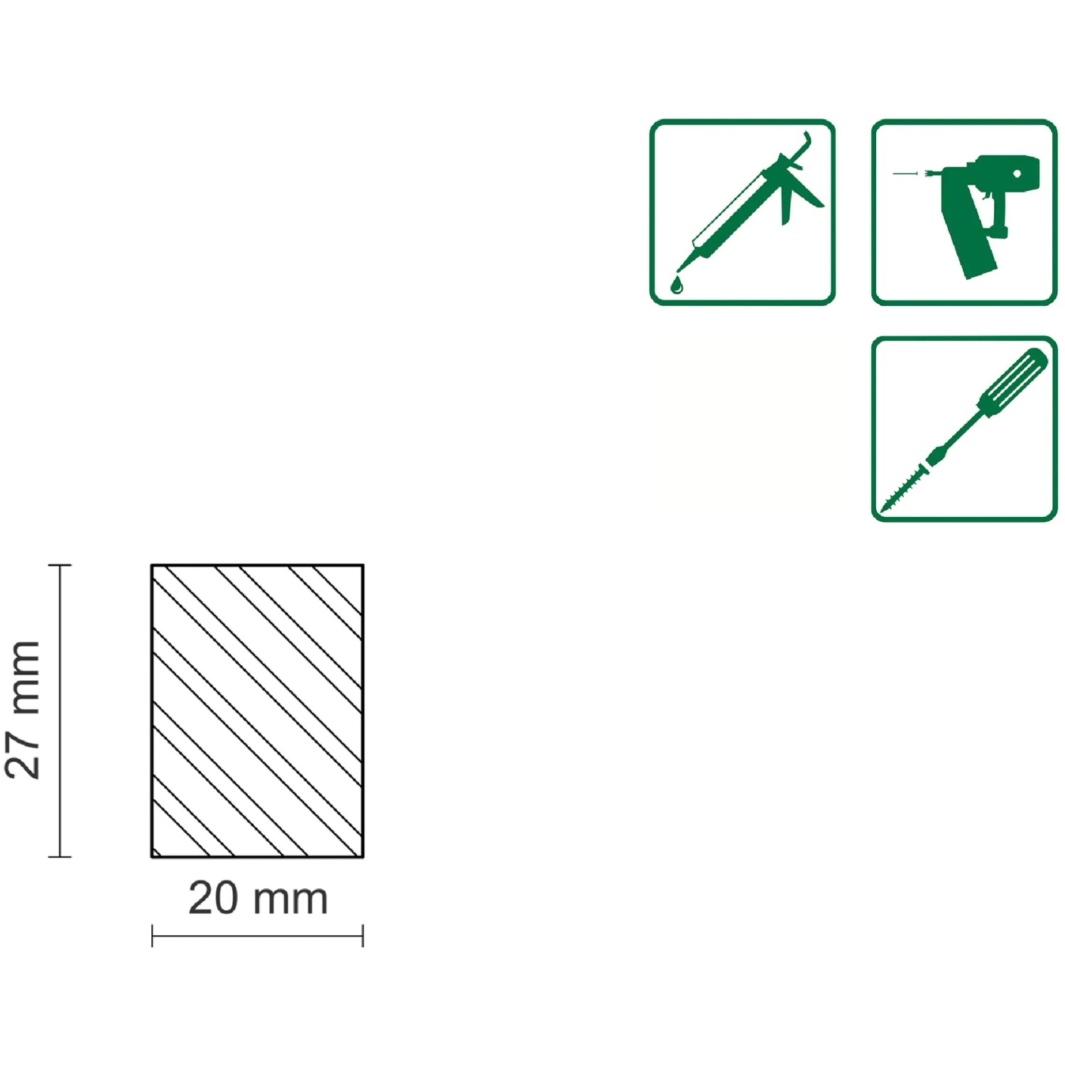 Abbildung einer FN Neuhofer Flachleiste aus Buche (roh), 20x27x2100 mm, mit Maßangaben.