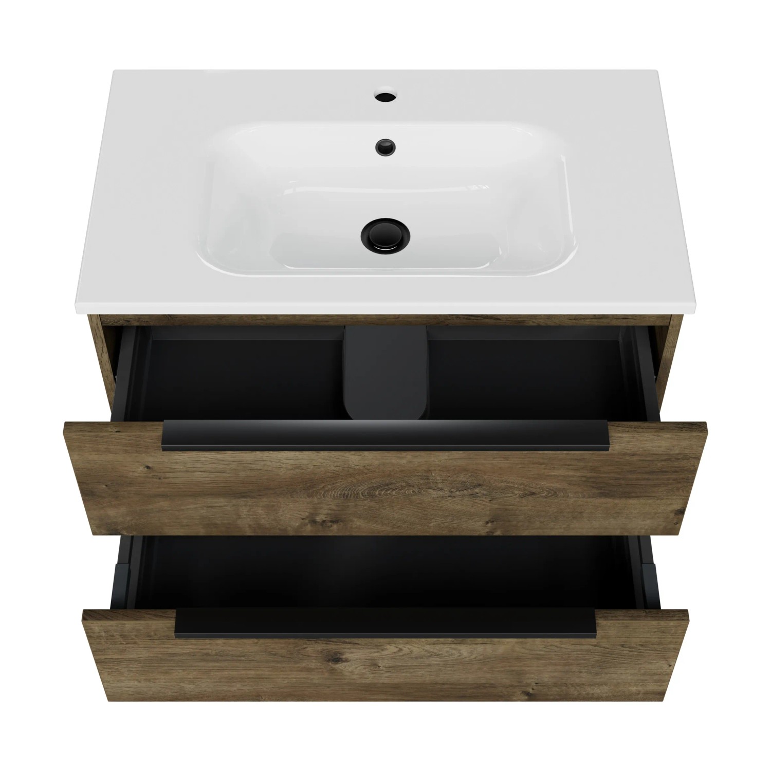 Pelipal Badmöbel-Set Quantum 07, Eiche Ribbeck quer, 81 cm mit 2 Auszügen und weißem Waschtisch.