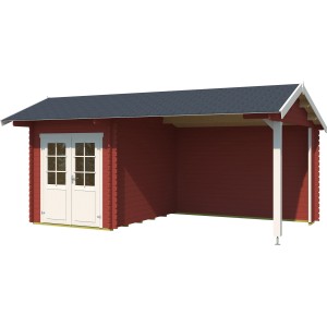 Lasita Holz-Gartenhaus Kenzo, schwedenrot, mit Anbaudach. Gartenhaus mit Doppeltür und überdachtem Bereich.