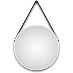 Runder DSK Design Wandspiegel Silver Coiffeur, Ø 50 cm, weiß matt mit Lederband.