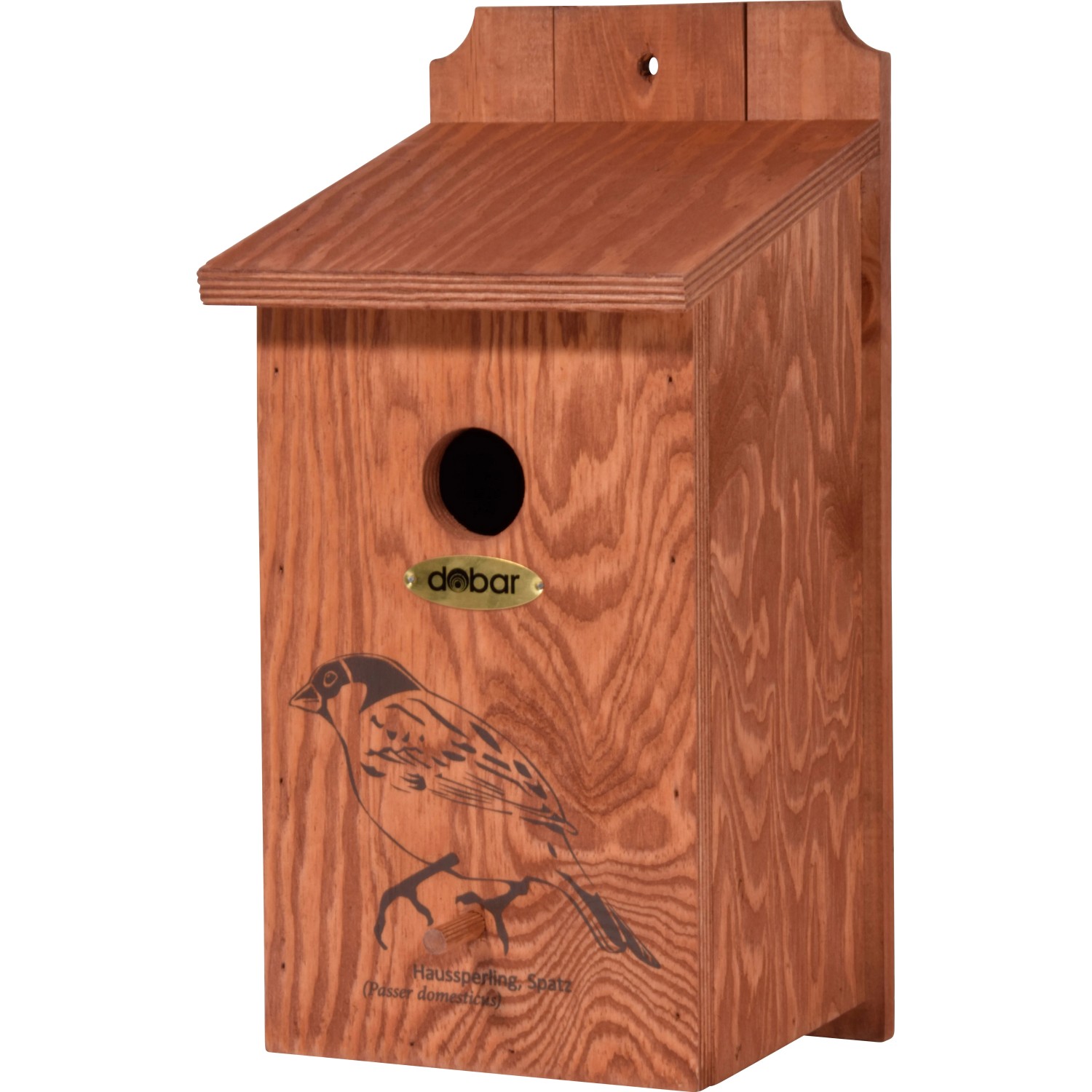 Dobar Nistkasten aus Kiefernholz mit Sperling-Motiv, 17x18x35 cm, ideal für Gartenvögel.