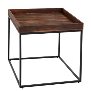 Quadratischer Beistelltisch MCW K71 in Dunkelbraun mit schwarzem Metallgestell.