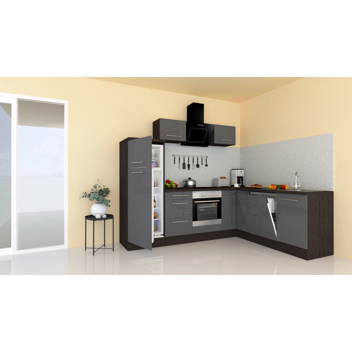 Respekta Premium Winkelküche in Grau Hochglanz und Eiche Grau mit E-Geräten.