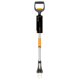 Fiskars Unkrautstecher X-Series, orange-schwarz, mit D-Griff und Edelstahlklauen zur Unkrautentfernung.