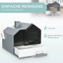 PawHut Katzentoilette in Hüttenform, grau/schwarz, mit herausziehbarer Bodenwanne und Schaufel. Einfache Reinigung.