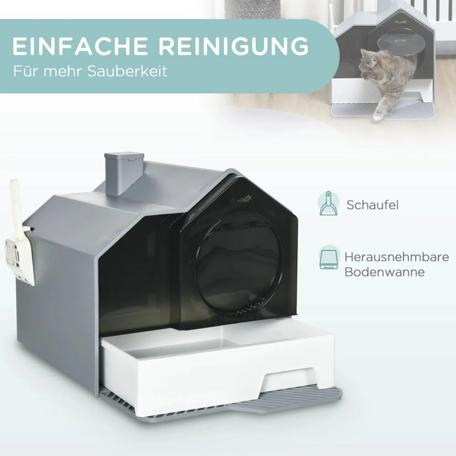 PawHut Katzentoilette in Hüttenform, grau/schwarz, mit herausziehbarer Bodenwanne und Schaufel. Einfache Reinigung.