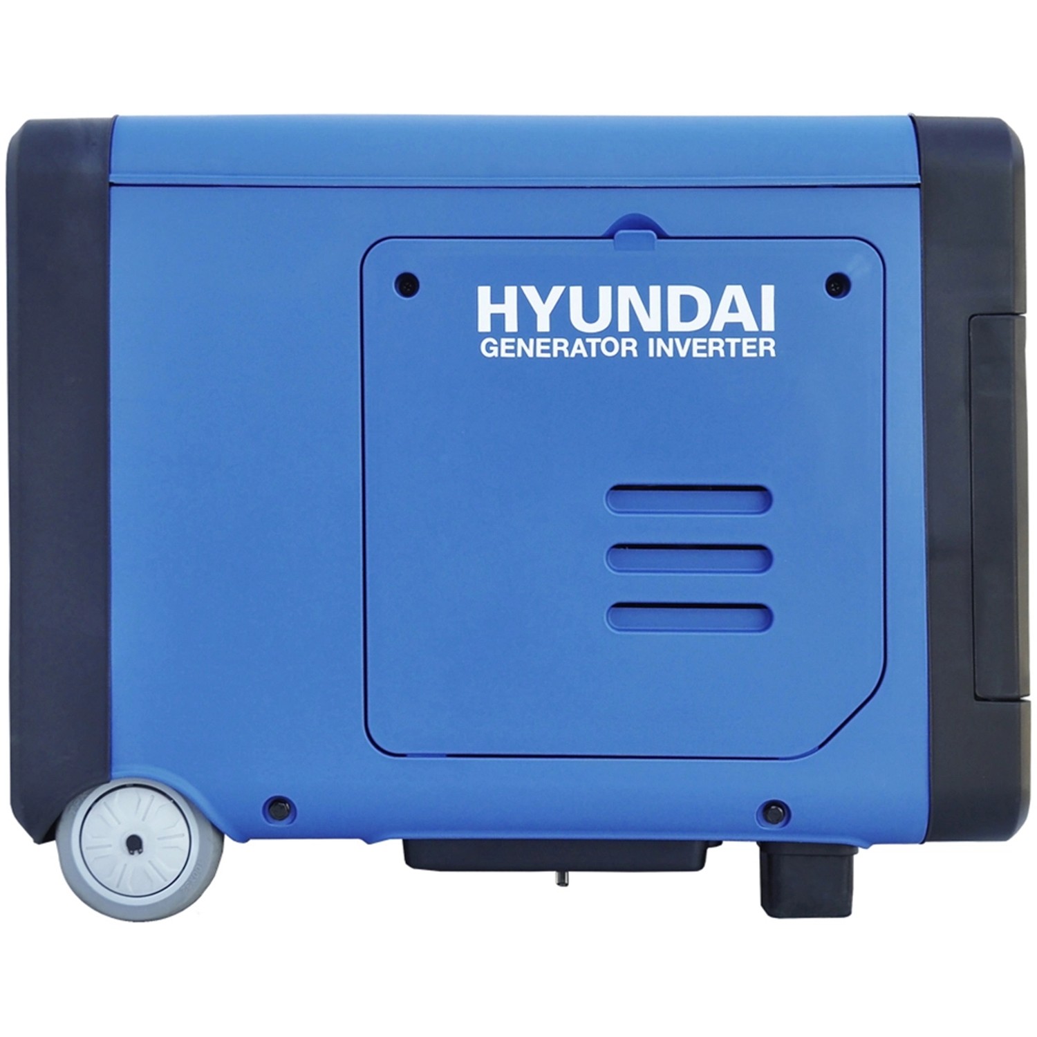 Blauer Hyundai Inverter-Generator HY4500SEi D mit Rädern, ideal für Baustelle & Camping.