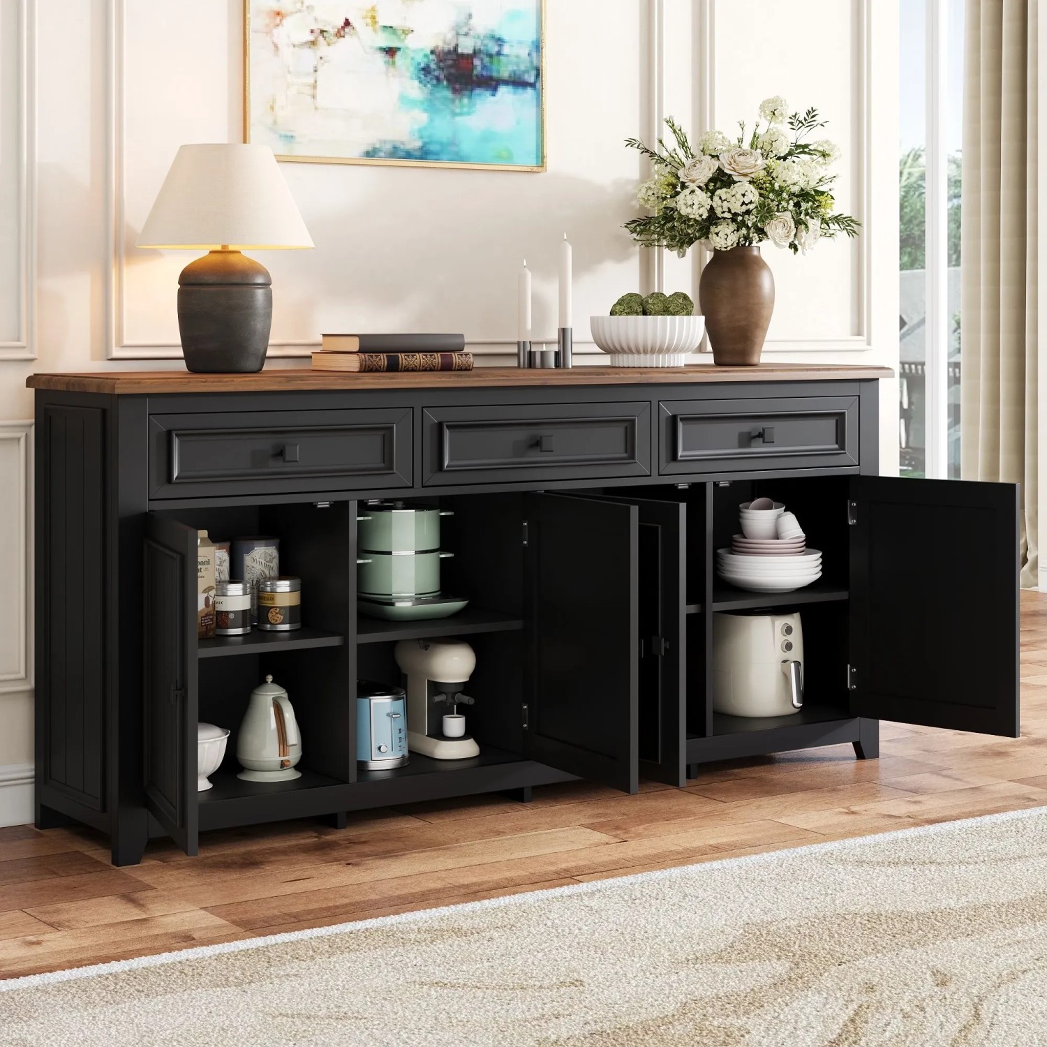 okwish Sideboard mit Stauraum Wohnzimmer 160x35x76cm Schwarz_4