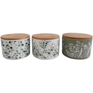 Boltze Vorratsdosen Eukana, 3-fach sortiert, mit floralen Mustern und Bambusdeckel.