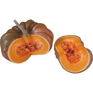 Halbierter Muscat Kürbis von Grow by OBI, Fruchtgemüse mit orangefarbenem Fruchtfleisch und brauner Schale.