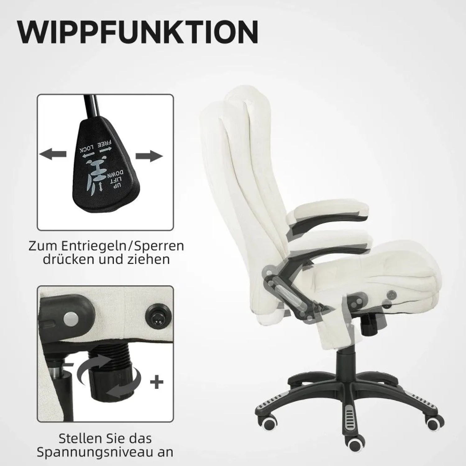 Cremeweißer Vinsetto Massagestuhl: Wippfunktion mit verstellbarer Neigung, Hebel zum Sperren/Entriegeln, Drehknopf für Spannung.