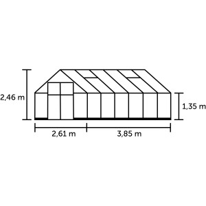 Technische Zeichnung Halls Gewächshaus Qube+ 812, Maße: 2,46 m Höhe, 2,61 m und 3,85 m Breite.