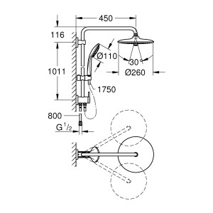 Technische Zeichnung Grohe Euphoria 260 Duschsystem mit Maßen für Installation.