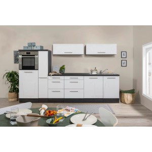 Respekta Premium Inselküche 310 cm in Weiß Hochglanz und Eiche Grau mit Elektrogeräten.