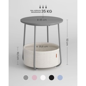 Vasagle Beistelltisch grau-weiß, Ø 45cm, mit Stauraumkorb. Moderner Tisch für Wohnzimmer und Schlafzimmer.