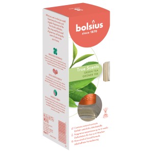 Bolsius Raumduft True Scents Grüner Tee, 45ml. Duftstäbchen und Verpackung.