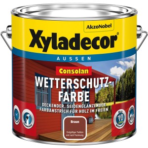 Xyladecor Consolan Wetterschutzfarbe Braun, seidenglänzend, 2,5 l Dose. Farbe für Holz im Außenbereich.