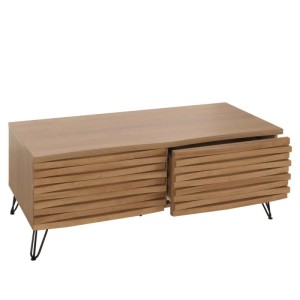 Moderner Couchtisch M49 in Natur mit zwei Schubladen und Metallfüßen.