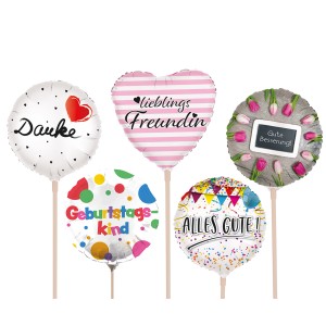Mehrfarbige Mini Folienballons mit Sprüchen, 5-fach sortiert, als Geschenkartikel.