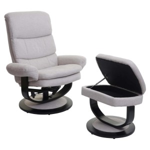 Creme-beiger Relaxsessel mit Hocker und Stauraum, drehbar, weiche Polsterung.