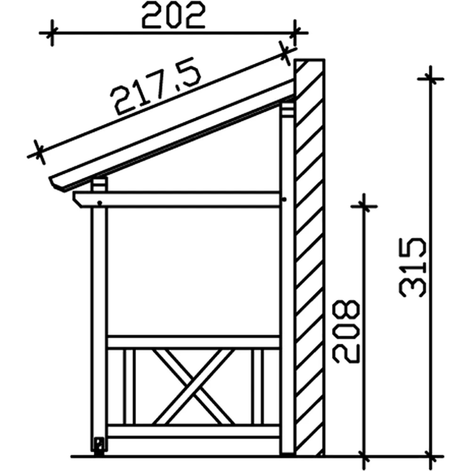 Technische Zeichnung: Skan Holz Haustür-Vordach Paderborn 7, Eiche hell lasiert, Maße 336x202 cm.