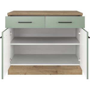 Flex-Well Unterschrank Cara, 100 cm, Schilfgrün/Artisan Eiche, mit offenen Türen und zwei Schubladen.