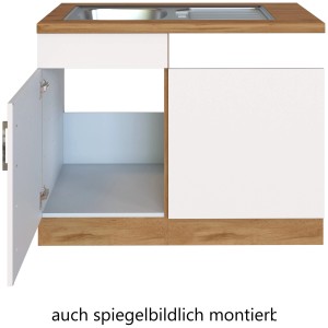 Held Möbel Spülzentrum Sorrento, 110 cm, weiße Front, Eiche Arbeitsplatte und Sockel.
