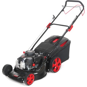 MTD Benzinrasenmäher Smart 46 SPO mit Mulchkit, schwarzes Gehäuse, rote Räder und Fangkorb.