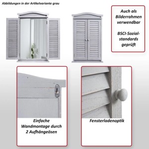 MCW Wandspiegel mit Fensterläden im Shabby Grau Look, verschiedene Ansichten.