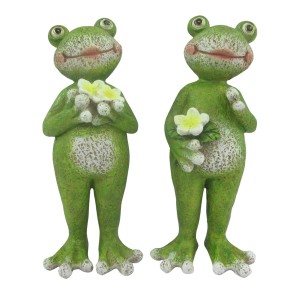 2er Set grüne Boltze Dekofiguren "Graul" mit Blumen, 16x5x65cm. Fröhliche Gartendeko.