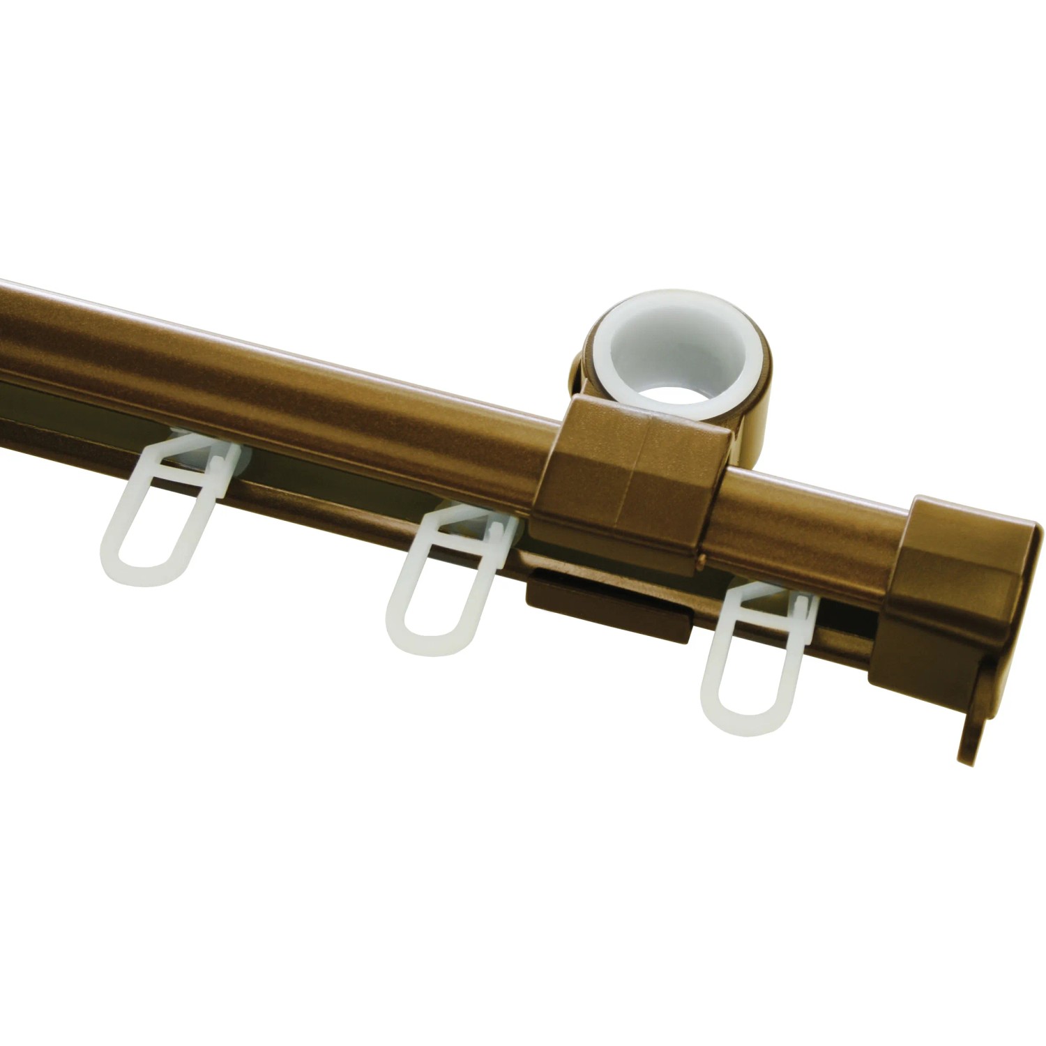 Gardinia U-Laufschiene in Bronze, 290 cm, mit Rollringen und Haltern für Gardinen.