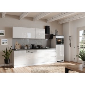 Moderne Küchenzeile Gera 300 cm in Weiß/Beton ohne E-Geräte. Einbauküche mit Hochglanzfronten und grauer Arbeitsplatte.