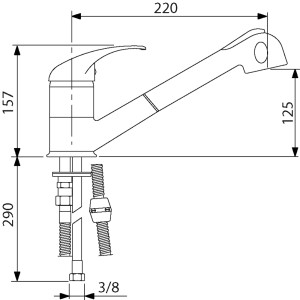 Technische Zeichnung: Sanitop-Wingenroth Küchenarmatur Concordia Niederdruck mit Geschirrbrause, Maße in mm.