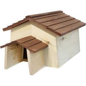 Igelhaus aus Pinie mit Vordach, braunes Dach, naturbelassenes Holz, 55x38 cm.